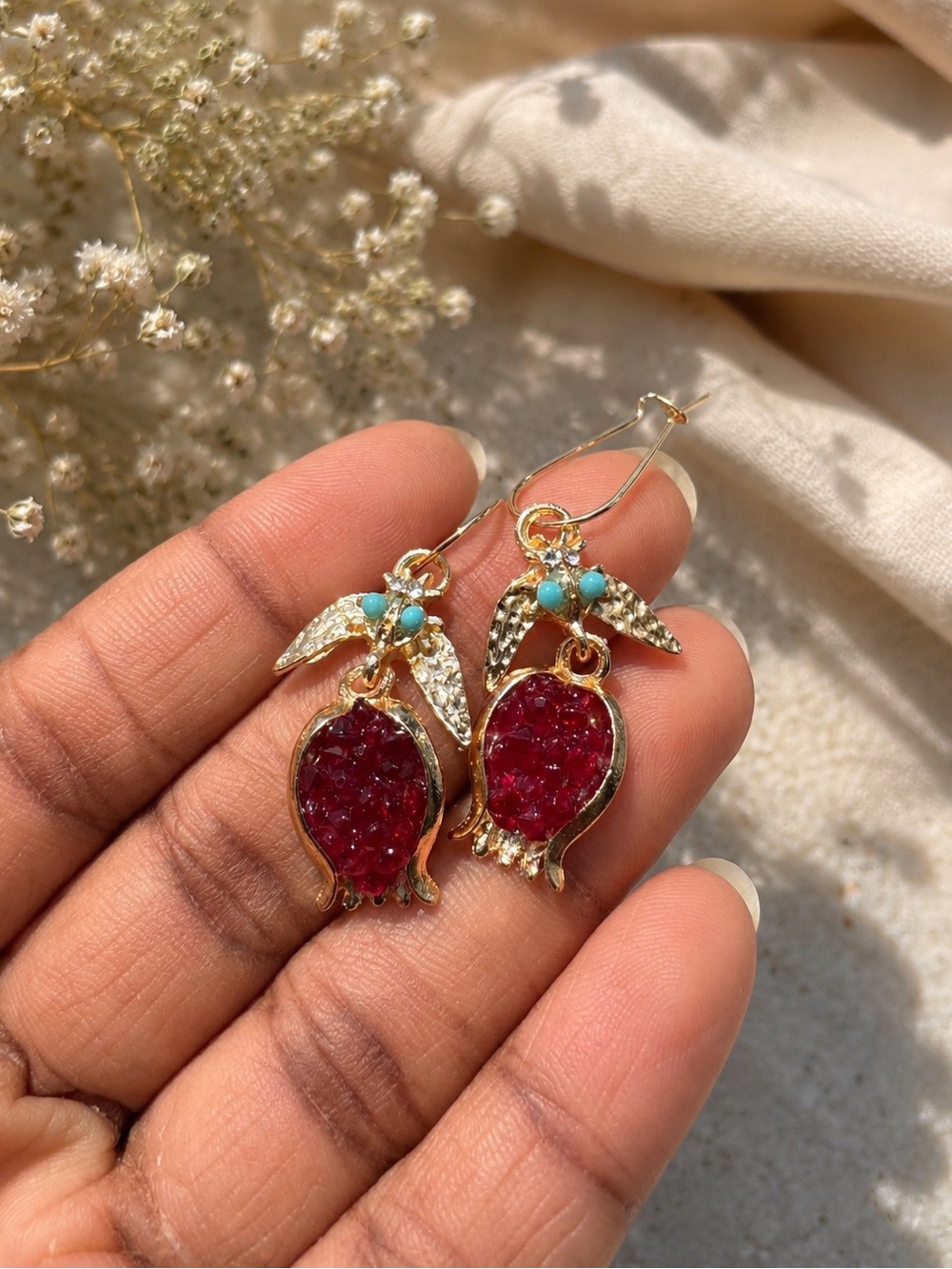 Gold Pomegranate Earrings Red Gemstone Statement Dangles - Picture 4 of 7